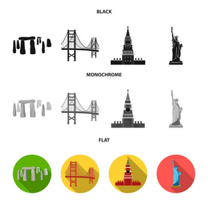 不同国家的景点黑色, 平, 单色图标在集合中进行设计。著名建筑矢量符号股票 web 插图