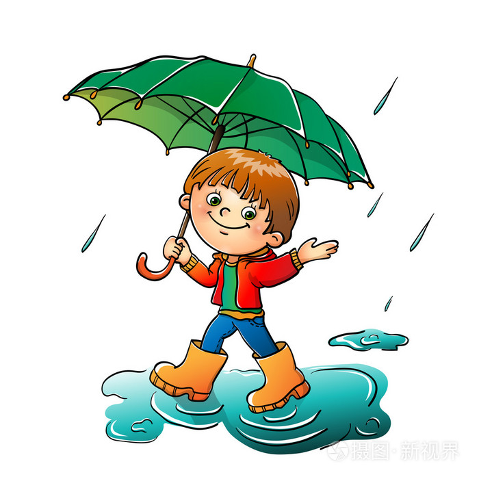 走在雨中孤立在白色的快乐男孩