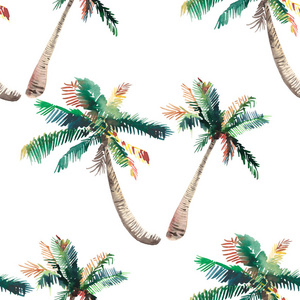 炫彩可爱绿色热带可爱精彩夏威夷花卉草药夏季花纹的棕榈树水彩手素描。完美的问候卡，纺织，壁纸，包装纸