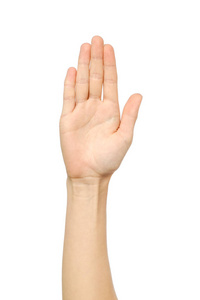 女人的张开手掌上白色孤立照片