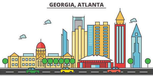 乔治亚州 Atlanta.City 的天际线 建筑 建筑 街道 剪影 风景 全景 地标 图标。可编辑的笔画。平面