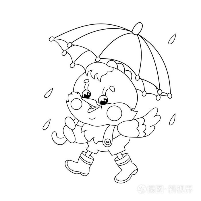 着色页大纲的走在雨中快乐鸡