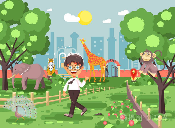 矢量图横幅的网站用小学生上步行学校动物园游览动物园, 黑发小男孩