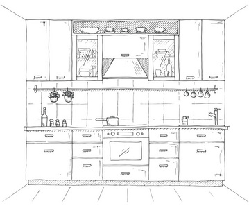 手绘厨房家具。在素描风格的矢量图