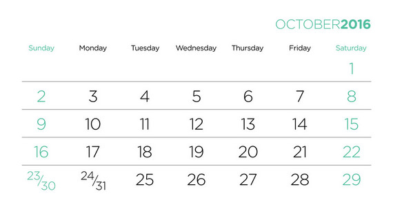 日历页矢量模板 2016年。10 月