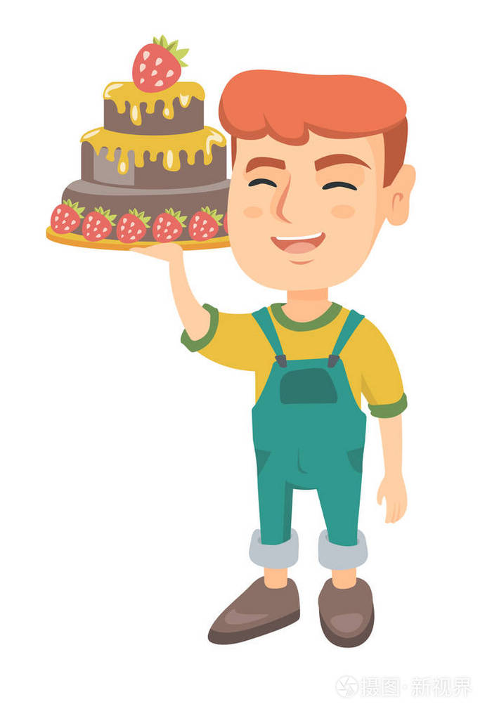 小高加索的男孩抱着一个巧克力蛋糕