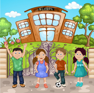 快乐的学校孩子们站在前面的学校大楼外面学校大楼前的卡通学生.