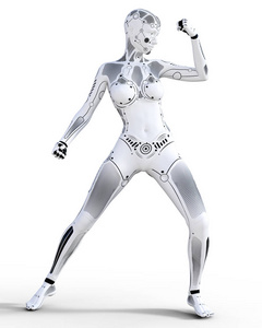 机器人的女人。白色金属机器人。人工智能