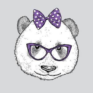 可爱的熊猫，戴着眼镜，一张弓。矢量图