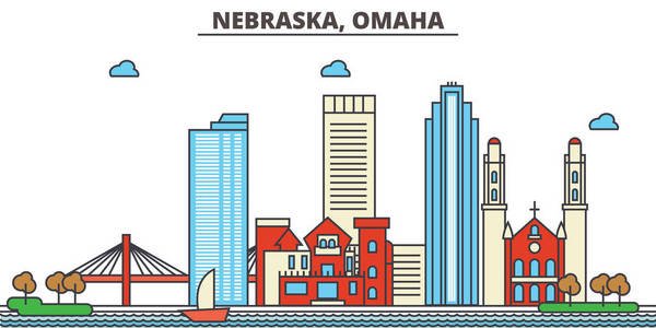 内布拉斯加州 Omaha.City 的天际线 建筑 建筑 街道 剪影 风景 全景 地标 图标。可编辑的笔画。平面