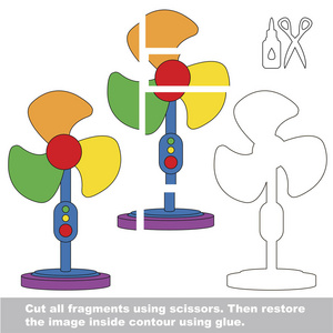 使用剪刀和胶水, 并恢复在轮廓内的图片。轻松的教育纸游戏的孩子。简单的儿童应用与吹风扇