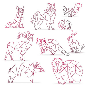 低聚颜色渐变线动物组。折纸 poligonal 线动物。狼熊 鹿 野猪 狐狸 浣熊 兔子和刺猬