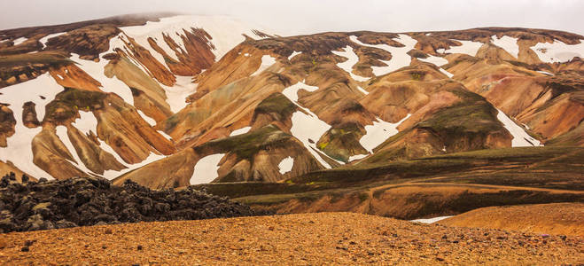 美丽的景色多彩景观的 Landmannalaugar 国家公园的山脉背景，Landmannalaugar，Westfjords，