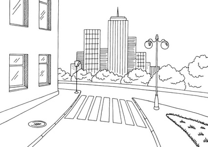 路素描街路图形黑色白色城市景观素描图矢量照片