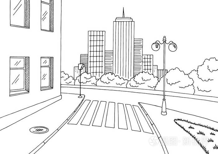 街路图形黑色白色城市景观素描图矢量插画-正版商用图片0d5u3q-摄图新
