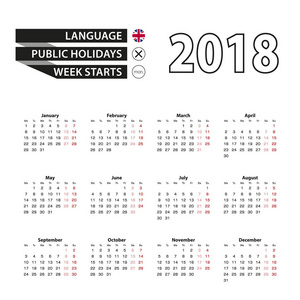 2018 年日历对英语语言。每周从星期一开始