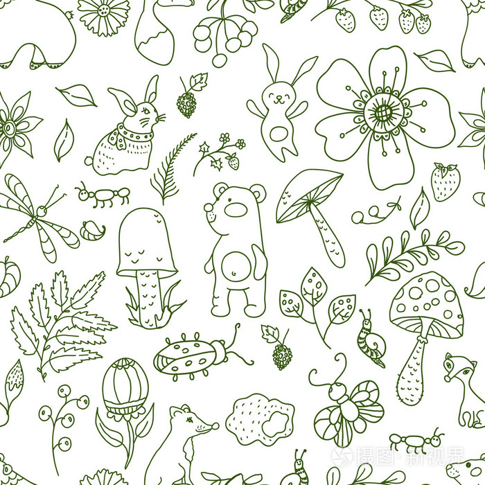 涂鸦森林插图花与森林的无缝图案插画-正版商用图片0d6j7j-摄图新视界