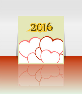 快乐新的一年 2016年字上空白笔记本与红色心形，新年模板