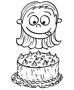 女孩看着生日蛋糕的卡通插图