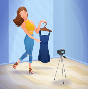 时尚博主或视频通道主机时髦女孩站在摄像机前和显示的新衣服和她的衣服，矢量插图与卡通人物