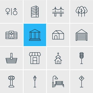 矢量图的 16 基础设施图标.可编辑包停车, 森林, 灯柱和其他元素照片