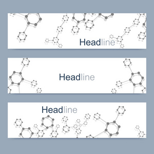 现代向量横幅的科学设置。Dna 分子的结构与连接的线和点。科学向量背景。医疗 技术，化学设计