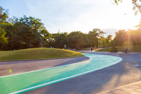 绿色自行车路在公园与蓝色天空和日落