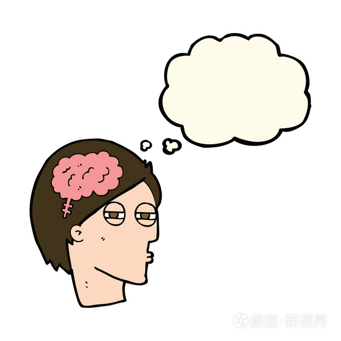 卡通漫画与思想泡泡仔细思考的人