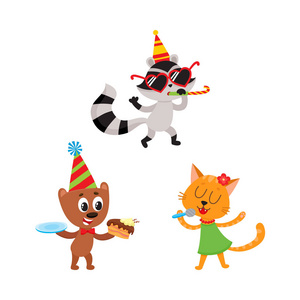 浣熊跳舞矢量平面动物方设置隔离照片