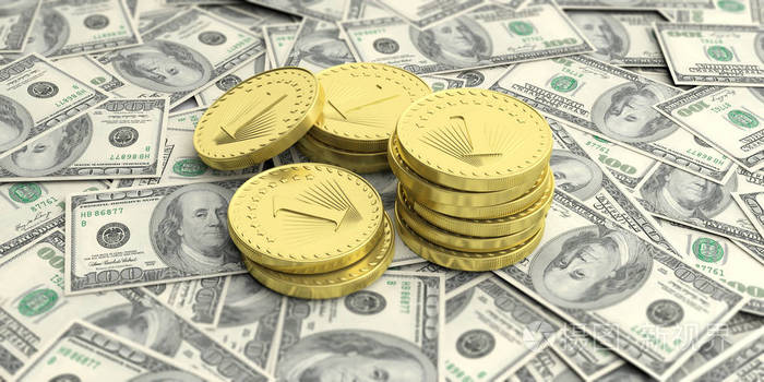 美元纸币背景上的金币3d图