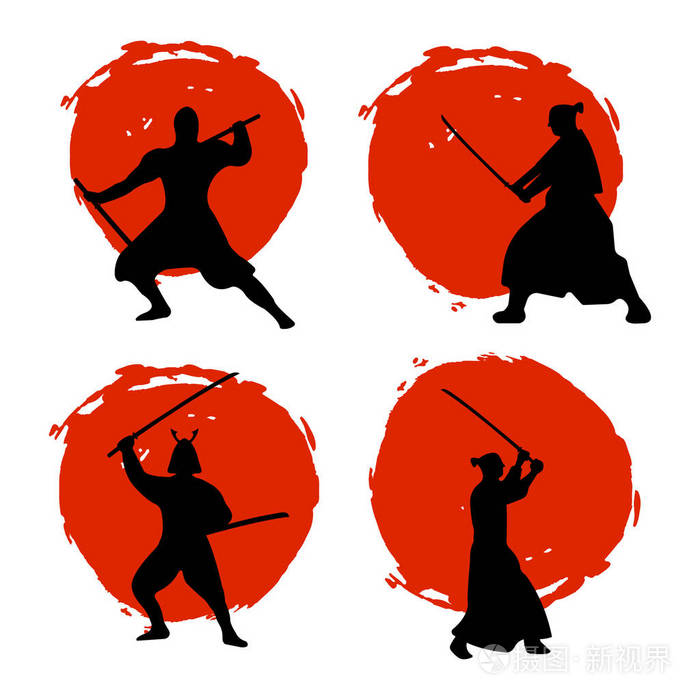红月亮和白色背景上的武士勇士剪影集