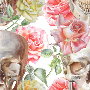 无缝模式与水彩的头骨和玫瑰