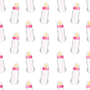 从现实的粉红色婴儿奶瓶的无缝模式。矢量这
