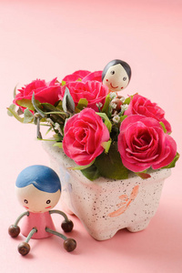 红玫瑰和粉红色的背景上情侣娃娃