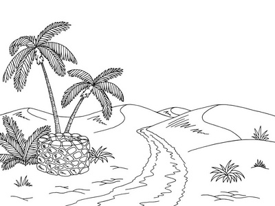 沙漠公路图形绿洲好黑白色风景素描图矢量照片