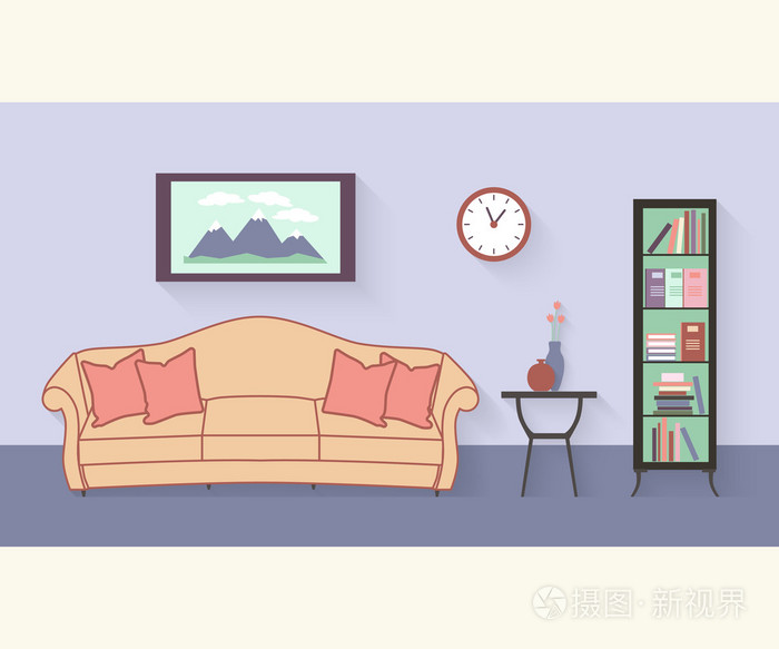 客厅有家具和长长的阴影. 平面样式向量插画-正版商用图片0d8w17-摄图
