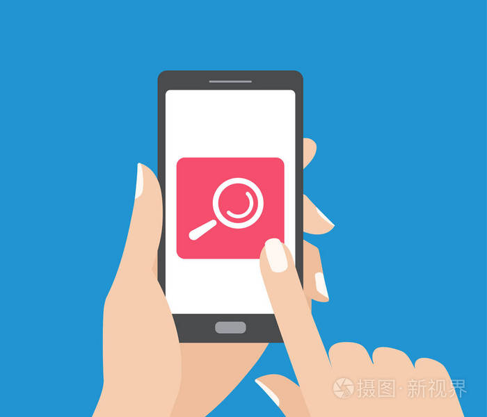 手拿着智能手机和触摸屏的搜索按钮.放大镜图标