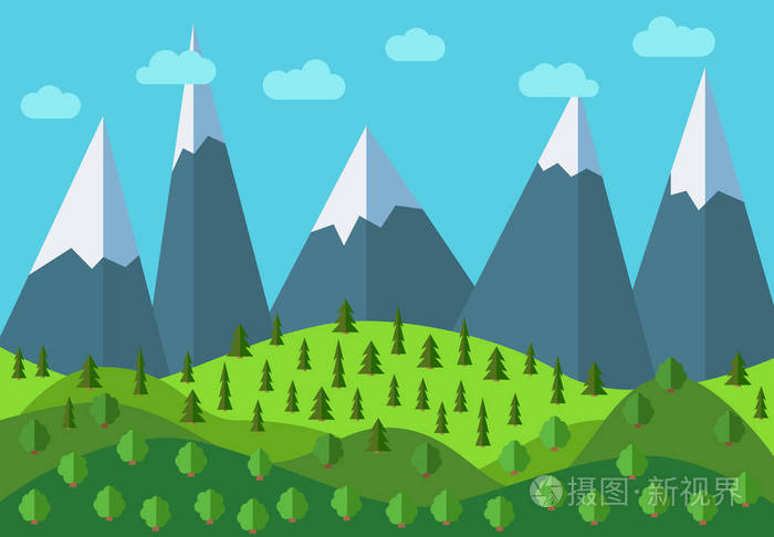 矢量全景山卡通景观在水平式的自然景观