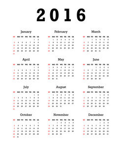 2016 年日历