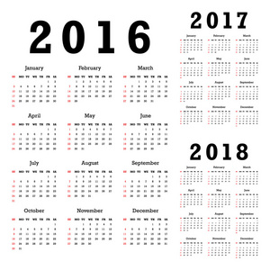 2016 至 2018 年的日历