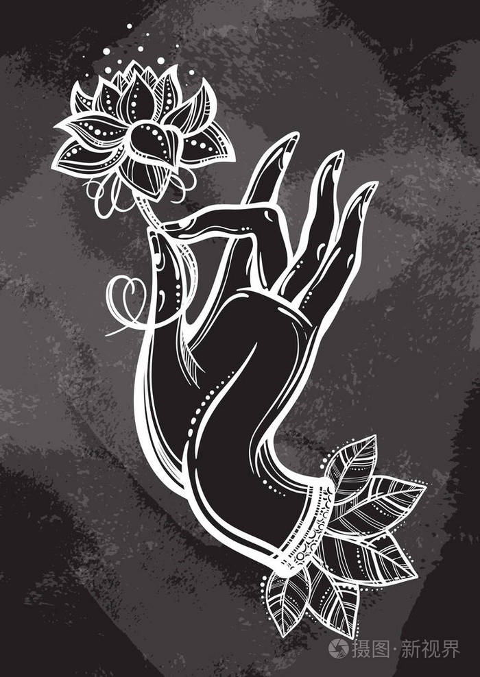 美丽的高详细佛的手拿着莲花印度佛教精神的图案矢量艺术在黑板的上方