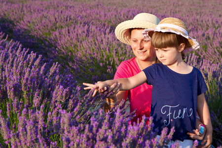 快乐的小女孩与她的母亲是在薰衣草田地
