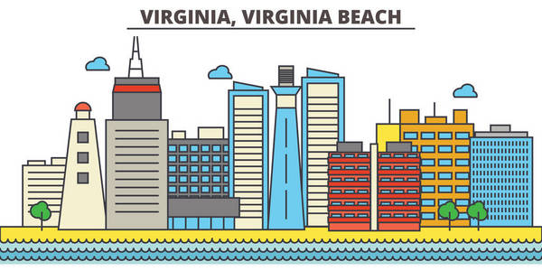 弗吉尼亚州，弗吉尼亚州 Beach.City 的天际线 建筑 建筑 街道 剪影 风景 全景 地标 图标。可编辑的