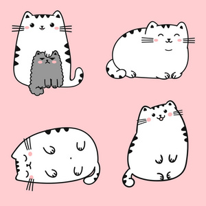 设置的四个卡哇伊可爱胖白色的猫咪在不同的姿势。矢量动漫风格插画与粉红的底色上孤立的字幕