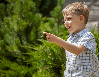 室外肖像的积极的小男孩在阳光灿烂的夏天花园里