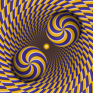视错觉矢量图.两个多个螺旋球正朝着旋转孔.蓝色黄色图案的对象.