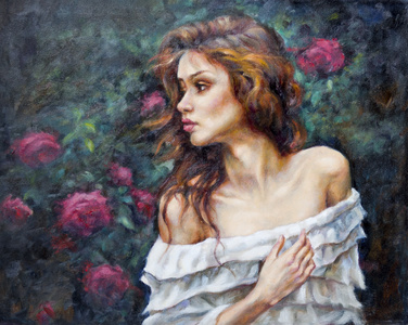 孔雀在花丛中油画在画布上的一个女孩在花丛中照片