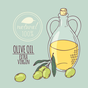 橄榄油瓶与橄榄枝。手绘插图