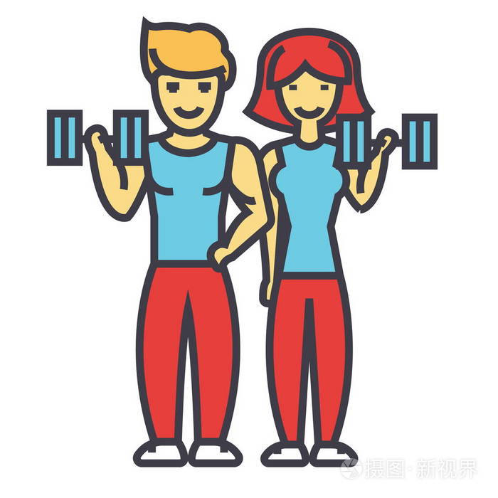 幸福的夫妇,在健身房,适合男人和女人的概念.线矢量图标.