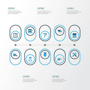 建筑色彩鲜艳的图标设置。开放 滚涂 工人和其他元素的集合。此外包括符号如通行证，工具，平开